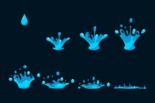 blue water splashes and drops on a black background, set of four different shapes