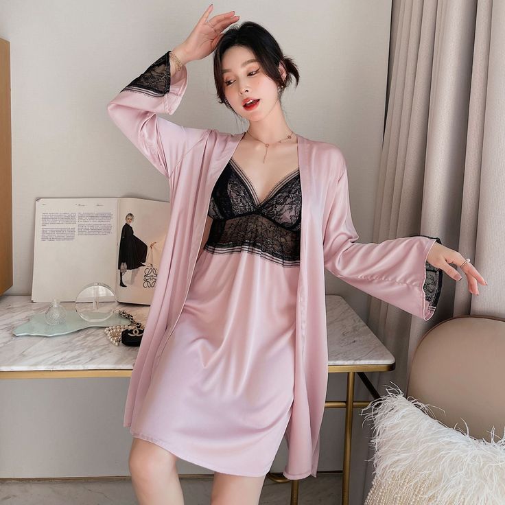 Sleepwear is what she wears every night. This sexy, cozy nightgown lets her have sweet dreams all night long. The fashion nightdress with the matching robe will be her favorite. Buy one set for your beloved, friend, or family to celebrate a birthday or any special anniversary. Item: Women's Ice Silk Sleepwear Nightgown & Robe Set (With breast pad) Material: 95% Ice SilkFabric Type: Silk Satin Feature: Quick Dry, Breathable, ThinSize: M - XLWeave: Woven Weight: 300g/set Package-Type: 1 set put in Pink Long Sleeve Nightgown For Nighttime, Pink Long Sleeve Nightgown, Pink Long Sleeve Sleepwear For Night, Feminine Long Sleeve Night Robe, Pink Long Sleeve Nightgown For Wedding Night, Nightgown Robe, Matching Robes, Satin Kimono, Silk Sleepwear