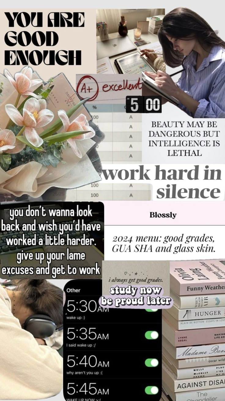 a collage of photos with words and pictures on them, including an image of a woman sitting at a desk