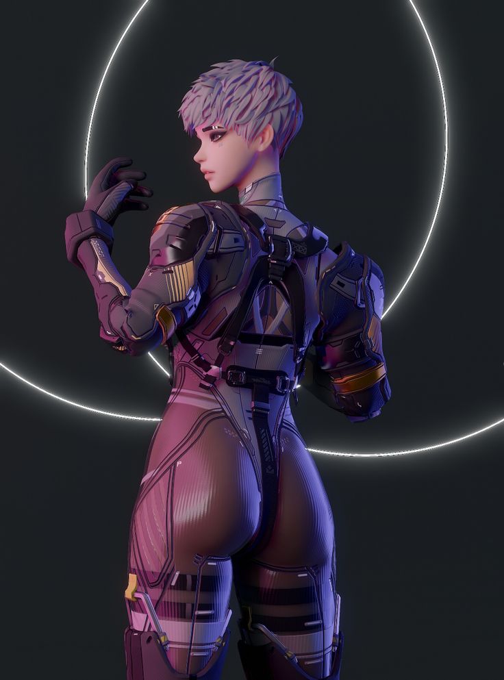 a woman in futuristic garb standing with her hands on her hips