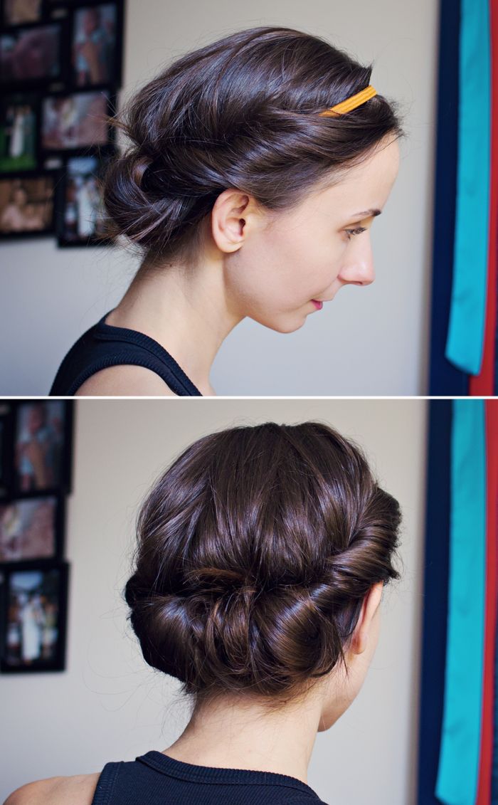 ModaMama: Hair Tutorial: Easy Headband Updo.  Even someone as hairstyle challenged as I am can pull this off! Headband Updo, Updo Simple, Updo With Headband, Hair Tuck, Up Dos For Medium Hair, Hair Tutorials Easy, Great Hair, Hair Dos, Headband Hairstyles