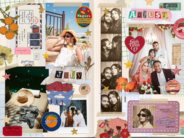 a scrapbook page with many different pictures and words on it, including an image of a couple