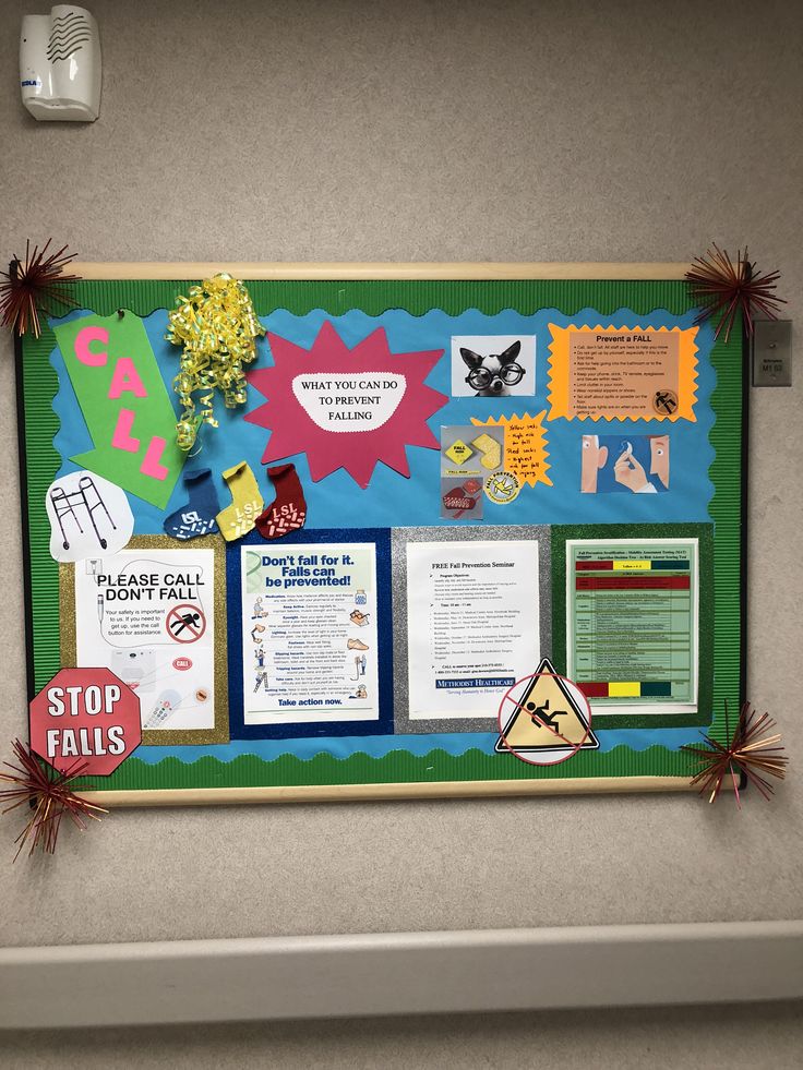 the bulletin board is decorated with different things