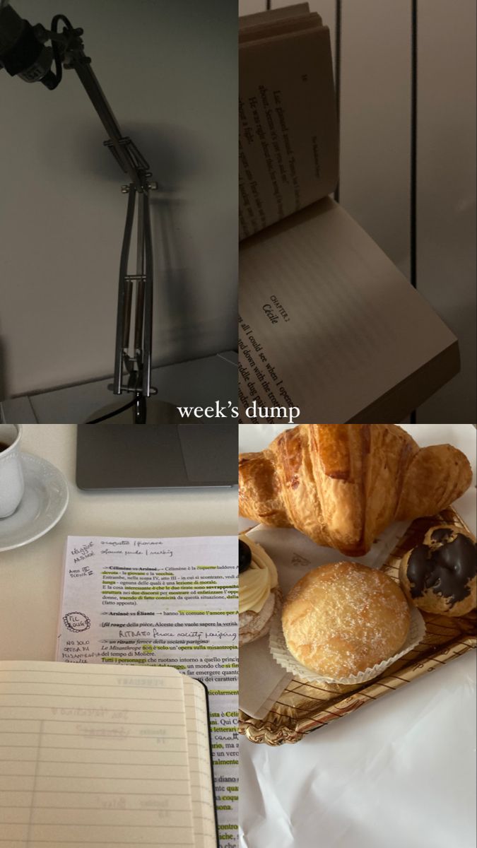 there is a coffee cup, croissants and an open book on the table