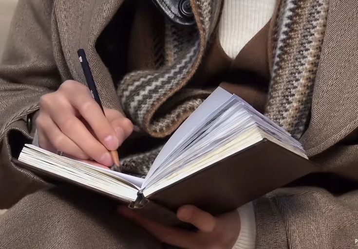 a person sitting down and writing on a book with a pen in their hand while wearing a coat