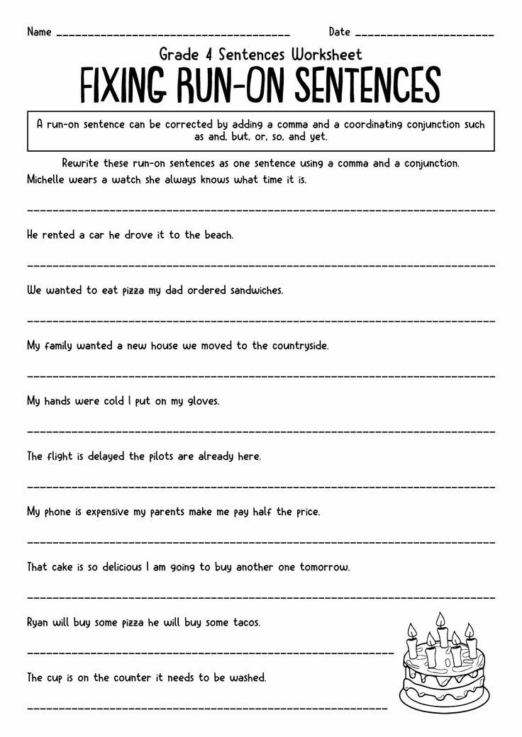 the worksheet for fixing run - on sentences is shown in black and white