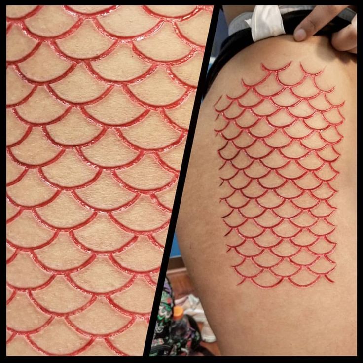 two pictures showing the same tattoo on someone's thigh and one with red fish scales