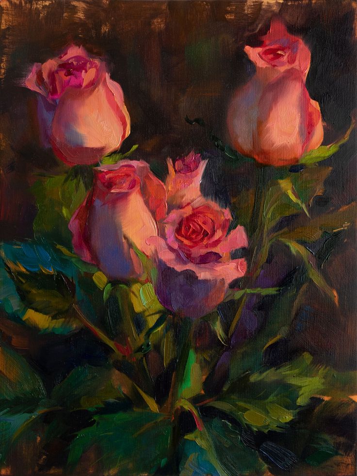 Oil painting of pink roses on a dark background Elena Morozova, Pink Flower Painting, Roses Painting, Rose Oil Painting, Landscape Art Painting, Oil Painting Flowers, Rose Art, Flower Art Painting, Rose Painting