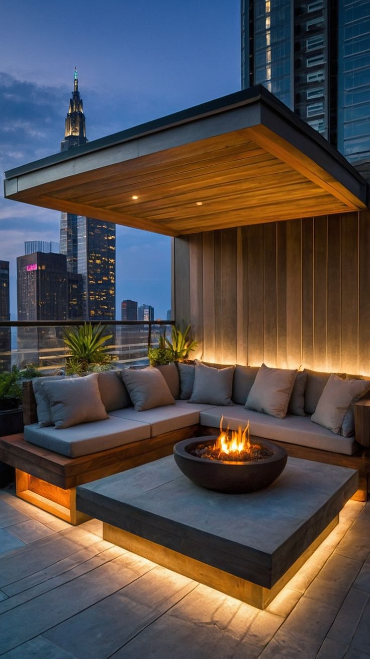 an outdoor living area with couches and fire pit