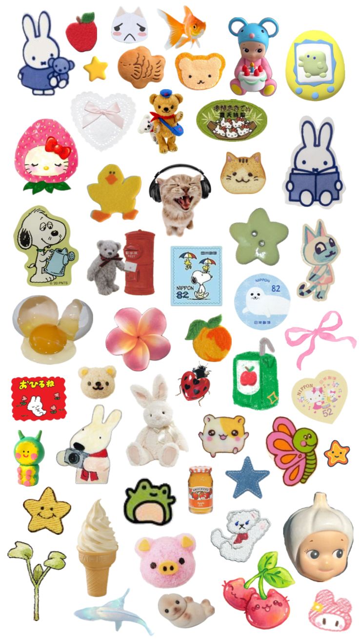 an assortment of various toys and stickers on a white background with the words hello kitty written