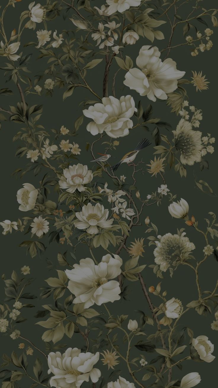 a floral wallpaper with white flowers and green leaves on a dark background, in shades of grey