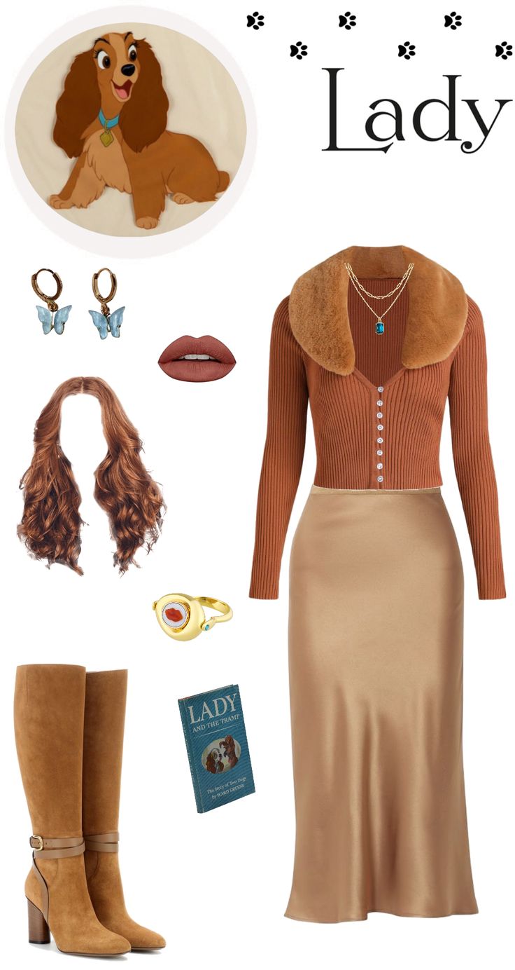 the lady and the tramp costume is shown with accessories including boots, scarves