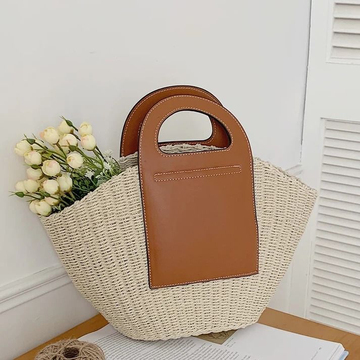 Stylish Casual Straw Summer Handbag – 2YZ Shop Beige Bags With Bamboo Handle For Summer, Cream Bags With Bamboo Handle For Spring, Trendy Beige Handheld Straw Bag, Spring Cream Bag With Bamboo Handle, Chic Straw Beach Bag With Handles, Beige Straw Bag For Spring, Modern Beige Straw Bag With Double Handle, Eco-friendly Large Capacity Beige Straw Bag, Trendy Beach Bag With Bamboo Handle