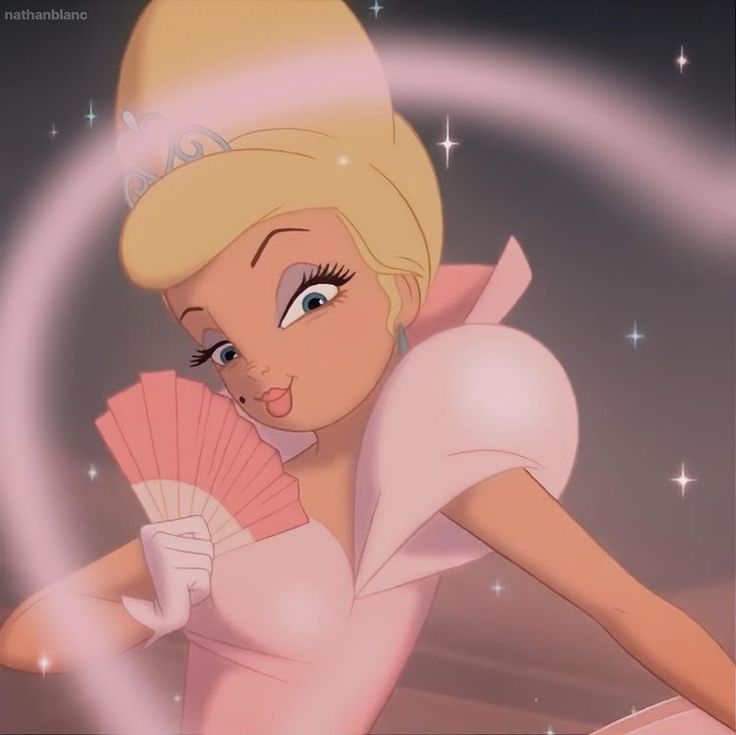 a cartoon character holding a pink fan in her right hand and looking at the camera