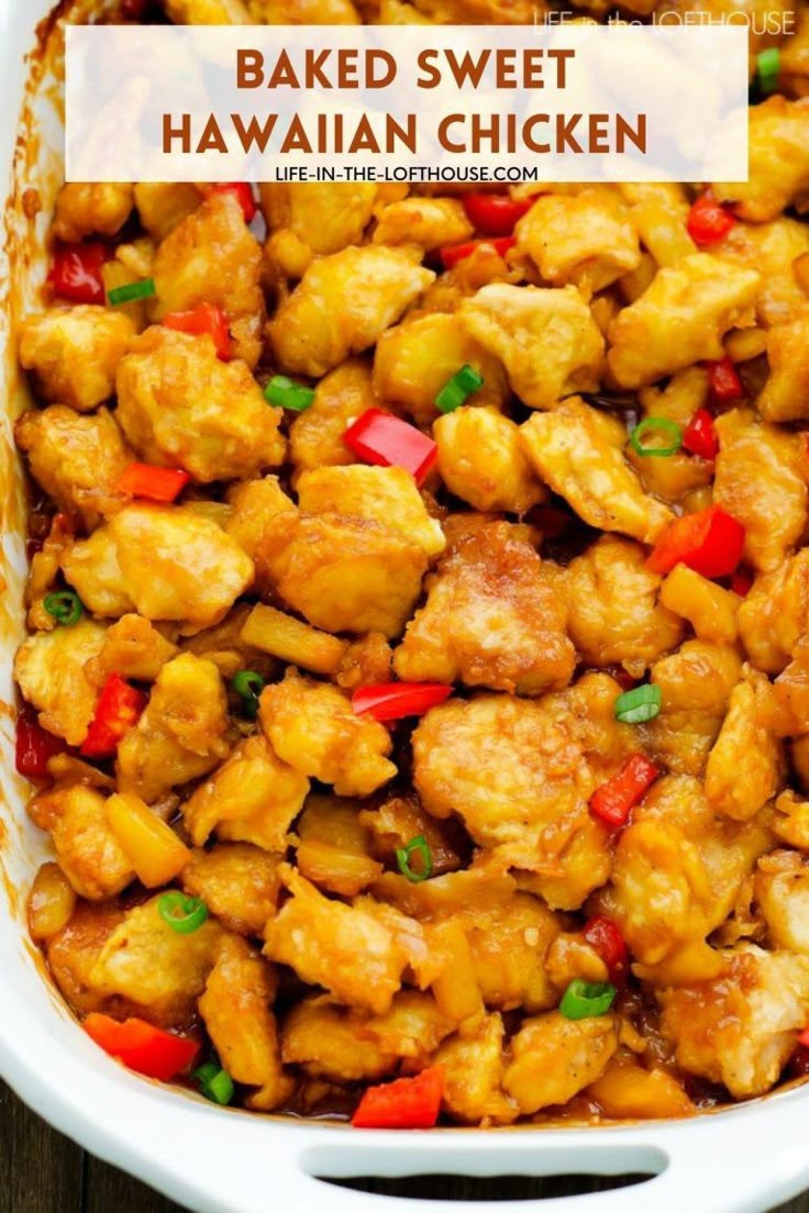 baked sweet and sour hawaiian chicken in a white casserole dish with text overlay