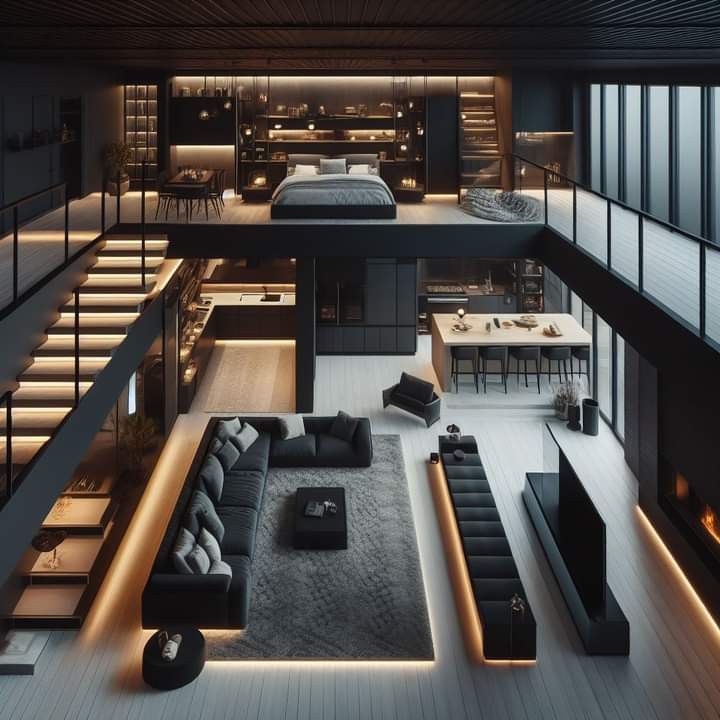 the interior of a modern house with black furniture