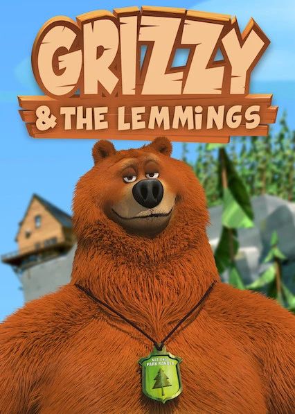 a cartoon bear with a green tag on its neck and the words grizzly and the lemmings above his head