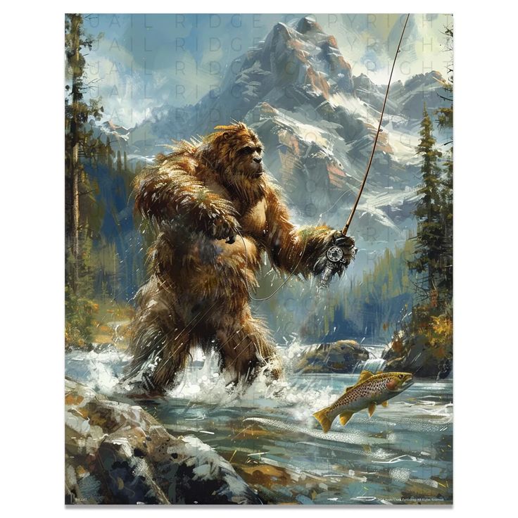 a painting of a bigfoot holding a fishing rod and catching a fish in the river