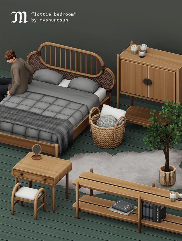 a bed room with a neatly made bed and two tables next to each other on the floor