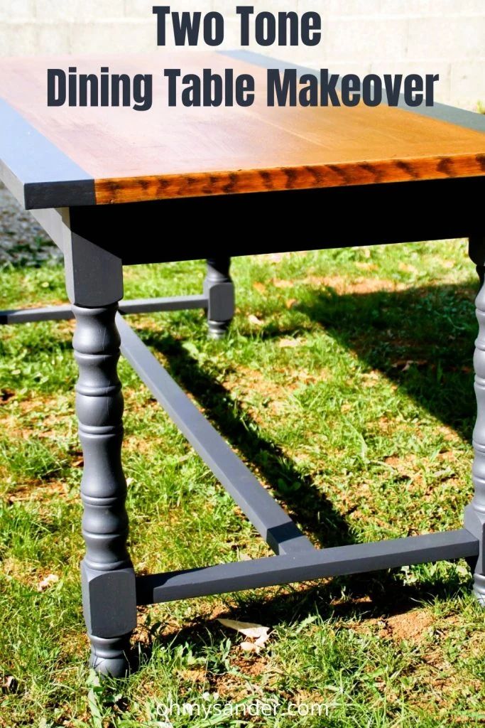 two tone dining table makeover with chalk paint and wood top in the backyard area