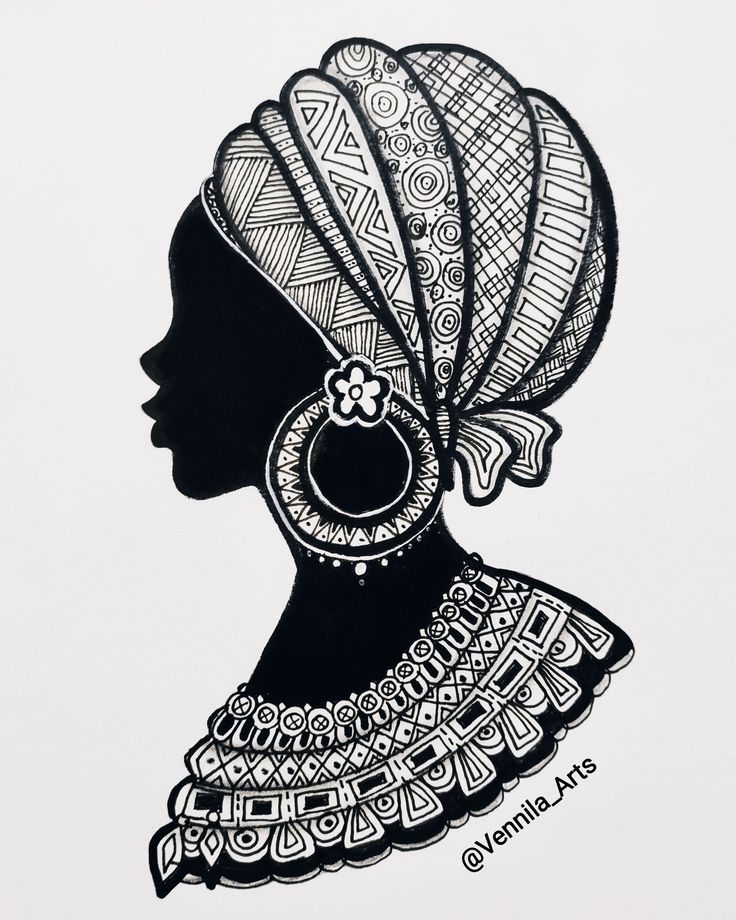 a black and white drawing of a woman's head with an intricate pattern on it