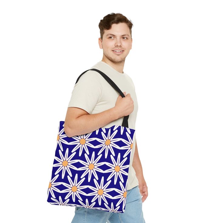 This practical, high-quality Tote Bag is available in three sizes. All-over print provides comfort with style at the beach or out in town. Made from reliable materials, lasting for seasons. .: 100% Polyester.: Boxed corners.: Black cotton handles.: Black lining.: NB! Size tolerance 0.75" (1.9 cm)) Small Medium Large Height, in 12.99 16.02 17.99 Length, in 12.99 16.02 17.99 Width, in 0.31 0.31 0.31 Handle height, in 11.81 11.81 11.81 Handle width, in 1.00 1.00 1.00 Casual Blue Canvas Bag For On-the-go, Blue Large Capacity Canvas Bag For On-the-go, Large Capacity Blue Canvas Bag For On-the-go, Blue Canvas Tote Bag With Adjustable Strap, Blue Canvas Tote Bag For On-the-go, Blue Canvas Shoulder Bag For Shopping, Blue Tote Canvas Bag For On-the-go, Blue Rectangular Shoulder Bag, Trendy Blue Square Canvas Bag