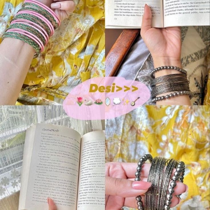 two pictures with different bracelets and an open book