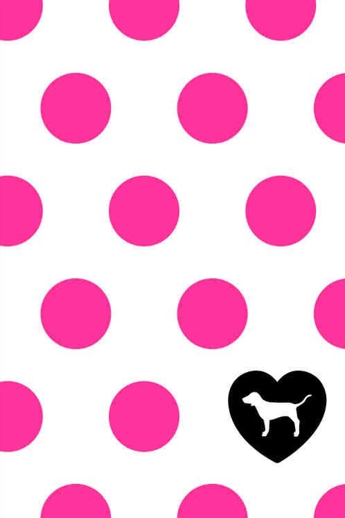 a black and white dog silhouette on a pink polka dot background with a heart in the center