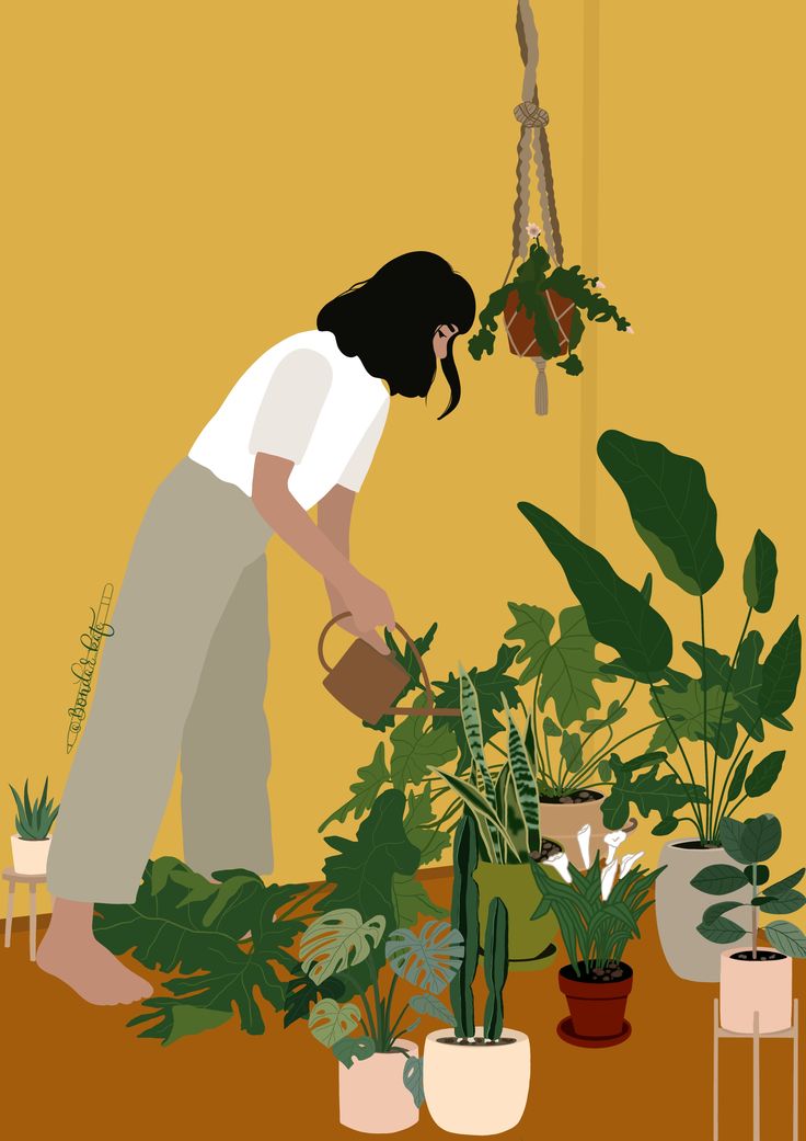 a woman watering plants in a room with potted plants on the floor and hanging planters