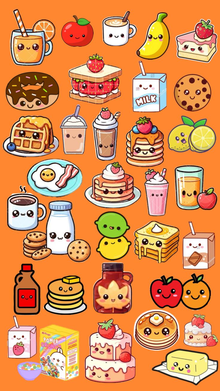 an orange background with many different types of food and drinks on it's sides