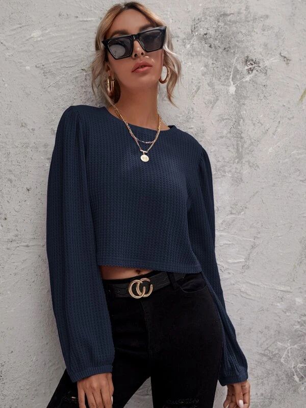 Solid Waffle Knit Crop Tee | SHEIN USA Blue Clothes, Shein Sweater, Flowy Sleeves, Stylish Sweaters, Long Sleeve Turtleneck, Women T Shirts, Wrap Sweater, Knit Crop, Cute Sweaters