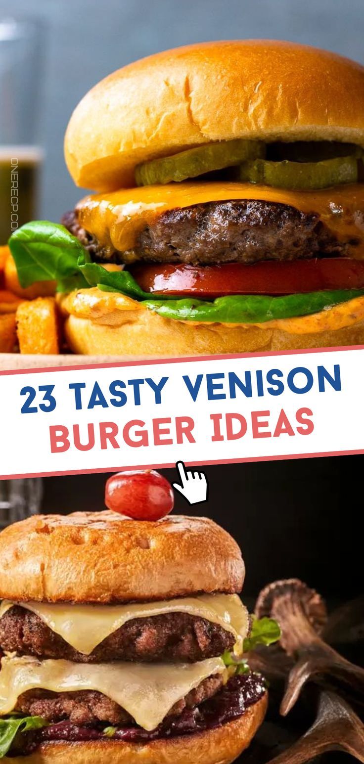 two hamburgers and fries with the words 25 tasty venison burger ideas