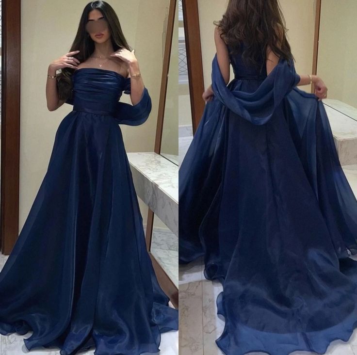 Blue Cute Prom Dresses, Winter Masquerade Outfit Ideas, Runaway Princess Dress, Navy Blue Masquerade Dress, Off Shoulder Prom Gown, Dark Blue Graduation Dress, Blue Dresses For Birthday, Large Prom Dresses, Blue Poofy Prom Dresses