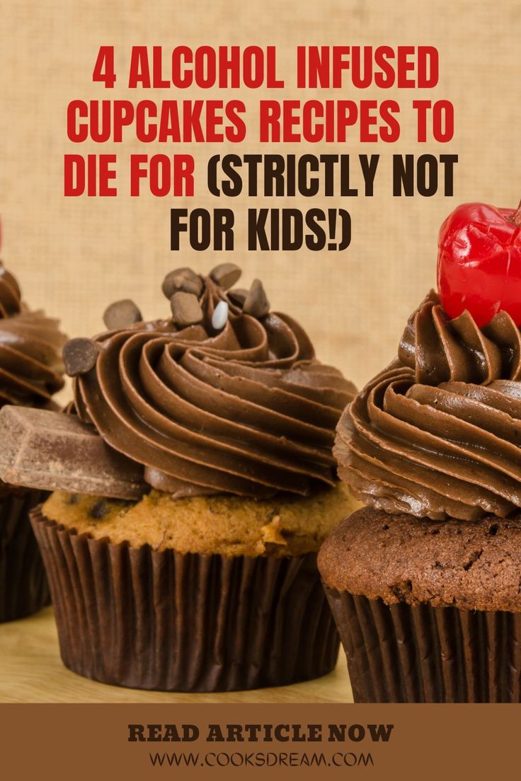 four cupcakes with chocolate frosting and cherries on top, in front of the words 4 alcohol - infused cupcakes recipes to die for ostricly not for kids