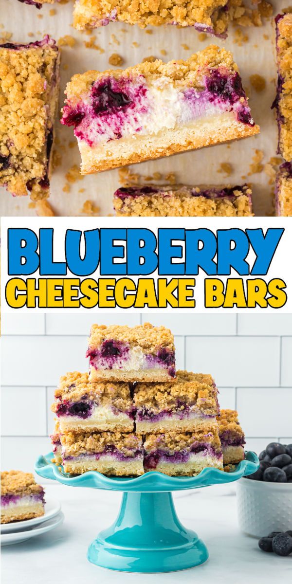 blueberry cheesecake bars stacked on top of each other with the words, blueberry cheesecake bars