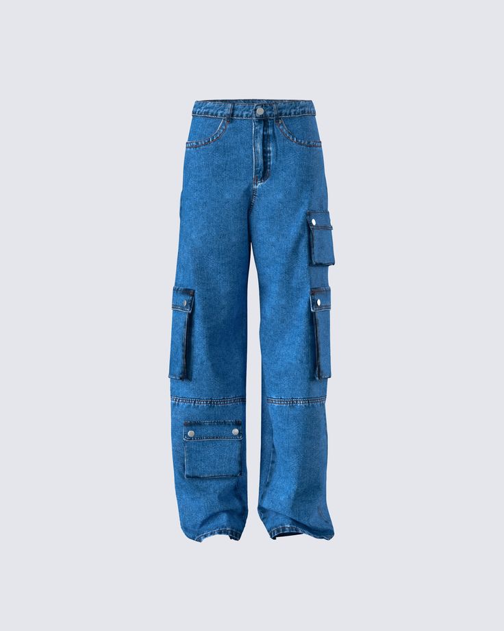 Your everyday style just got an upgrade 💙 Featuring a low-rise, baggy fit and pockets that are perfect for stashing all of your essentials, these blue denim cargo pants will have you turning the streets into your personal runway 👏 Blue Utility Flare Jeans With Patch Pockets, Urban Blue Cargo Jeans, Urban Style Blue Cargo Jeans, Urban Blue Full-length Cargo Jeans, Urban Blue Wide-leg Cargo Pants, Blue Full-length Cargo Jeans For Streetwear, Blue Full Length Cargo Jeans For Streetwear, Blue Mid-rise Cargo Pants With Patch Pockets, Mid-rise Blue Cargo Pants With Patch Pockets