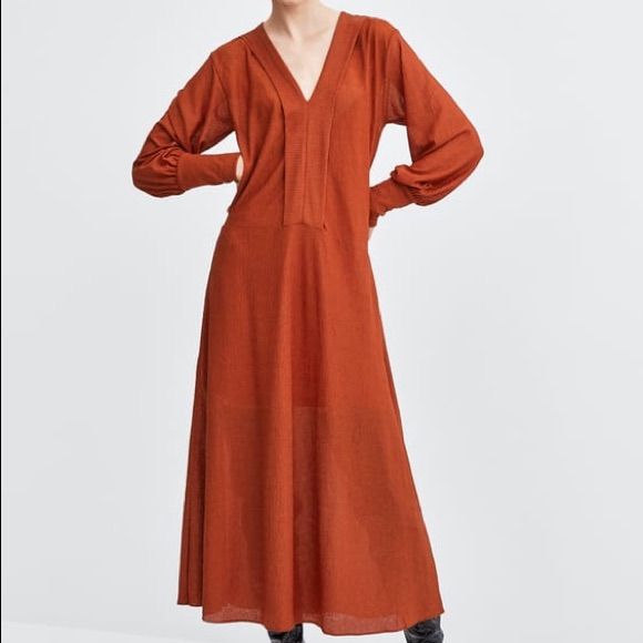 Brand New With Tags, Never Worn 100% Polyester Lined V-Neck Orange V-neck Maxi Dress For Daywear, Zara V-neck Dresses For Fall, Fall Orange V-neck Midi Dress, Orange V-neck Midi Dress For Work, Chic Orange V-neck Midi Dress, Zara Orange Elegant Maxi Dress, Orange Midi Dress For Fall Daywear, Zara Orange V-neck Midi Dress, Zara Brown V-neck Dress