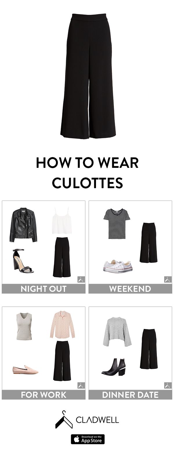 Outfit ideas for Culotte pants. From night out to work, #Cladwell has you covered. Try now using your clothes. #culottes #widelegpants #outfits Culottes Outfit Casual, Clothes Modest, How To Wear Culottes, How To Wear Flannels, Culottes Outfit, Clothing Apps, Culotte Style, How To Wear Leggings, Culotte Pants