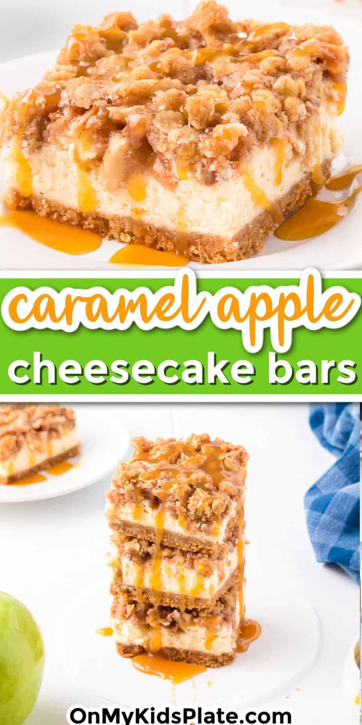 caramel apple cheesecake bars are stacked on top of each other and ready to be eaten