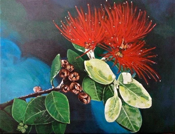 a painting of red flowers and green leaves on a branch with drops of water coming from them