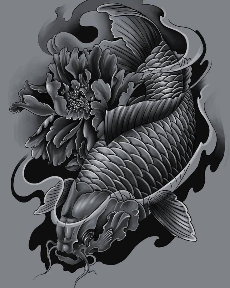 a black and white drawing of a koi fish with flowers on it's back