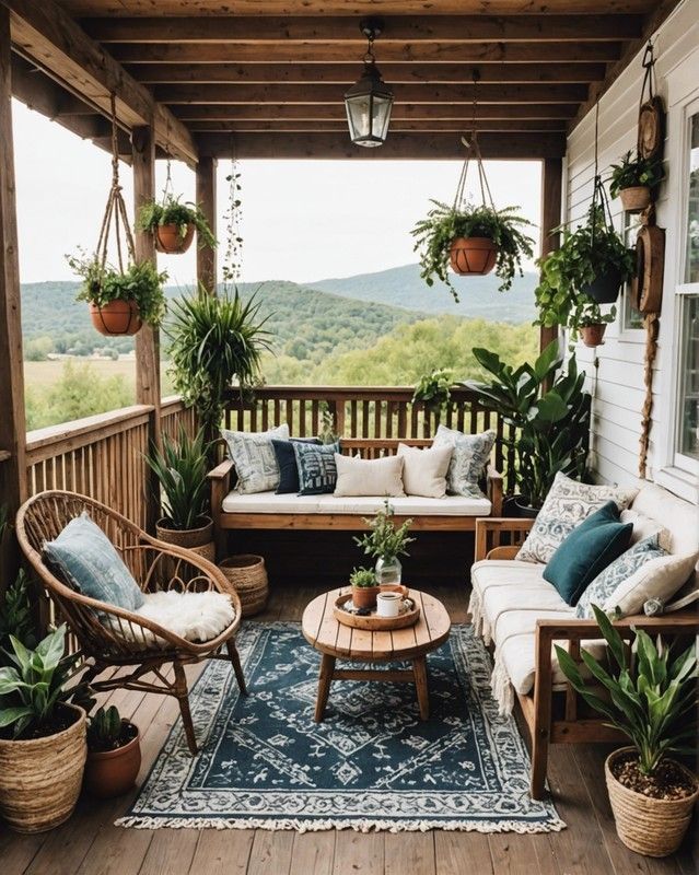 a porch covered in lots of plants and furniture