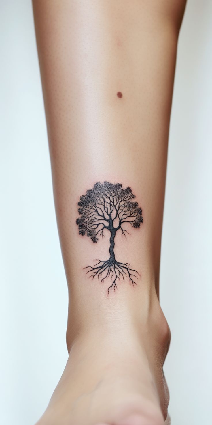 A captivating minimalistic tree ankle tattoo, subtly symbolizing resilience and the beauty of nature. Small Nature Tattoo, Simple Tree Tattoo, Aesthetic Tree, Tattoo Style Art, Botanical Tattoos, Buddha Tattoo Design, Inner Forearm Tattoo, Majestic Tree, Finger Tats