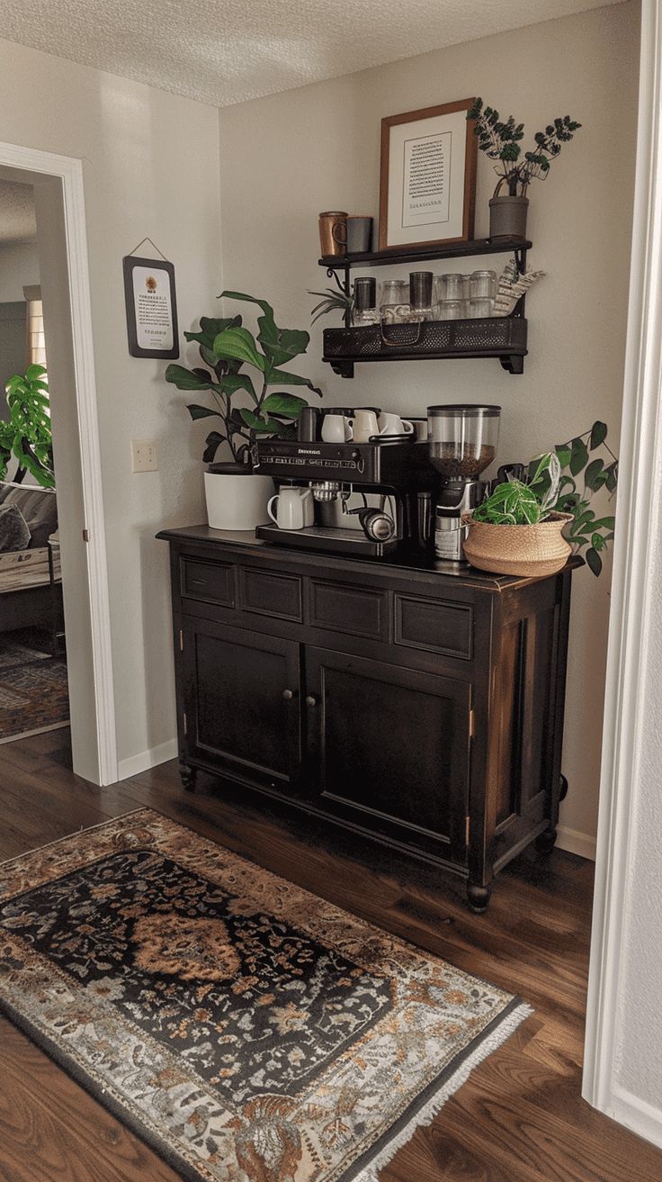 a living room area with a rug, potted plant and coffee maker