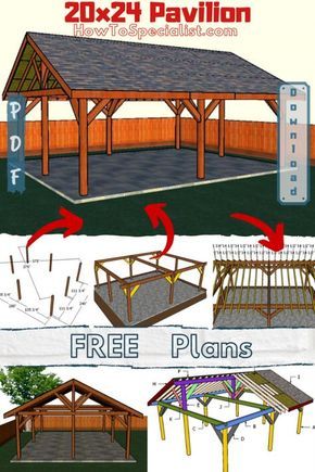 the plans for an outdoor pavilion are shown in three different stages, including roofing and framing