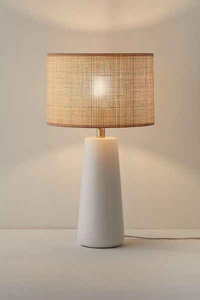 Create a serene, coastal scene in your space with this table lamp. Features a round ceramic base with a natural rattan drum shade that offers a warm feel to your lighting essentials. Equipped with a 3-way rotary switch that allows you to easily adjust the brightness to fit your needs. Plugs in to power on. Features Boho coastal table lamp Ceramic base Natural woven rattan drum shade Plug in 3-Way rotary switch Compact fluorescent compatible Requires one E26 Type A 100W 3-way bulb - not included Coastal Bedside Tables, Coastal Living Rooms Ideas, Boho Table Lamp, Home Library Ideas, Modern Lamps Bedroom, Beach Lamps, Custom Staircase, Modern Nightstand Lamps, Bedroom Lamps Nightstand