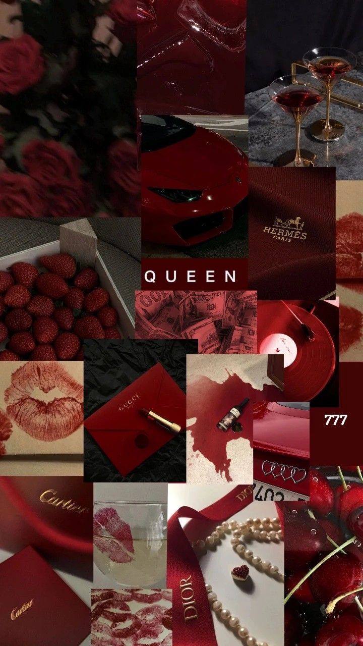 a collage of red and gold items with the words queen written on each one