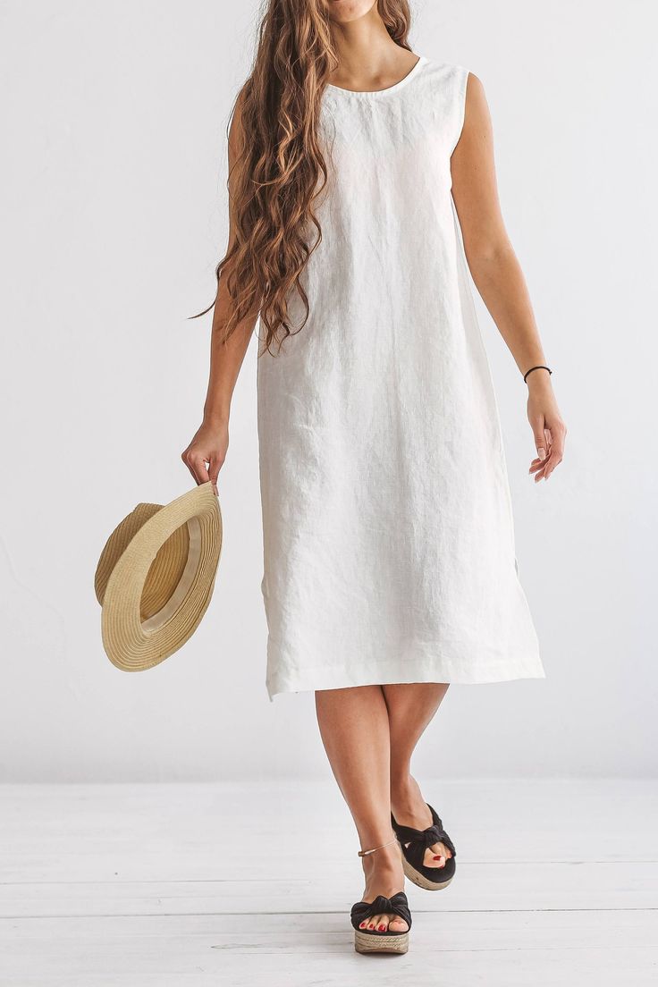 "DESCRIPTION: ♥ 100% natural European linen; ♥ safe Oeko-TEX® Standard 100 certified linen fabric ♥ softened midweight linen (185 g/m2) ♥ sleeveless dress FIT ♥ length from the lower to the upper seam is about 41.3 inches / 105 cm ♥ measurements taken from a size S ♥ model with long hair is 170 cm and wearing a size S ♥ model with shorter hair is 173 cm and wearing a size S SIZE CHART: XS: Bust 30.7\"- 32.7\" (78-83 cm) , Waist 23.6\"- 25.6\" (60-65 cm), Hips 33.5\"- 35\" (85-89 cm) S: Bust 33\" Model With Long Hair, Midi Length Summer Dresses, Gray Summer Dress, Short Hair Model, White Linen Dress, Shorter Hair, White Linen Dresses, Dress With Open Back, Summer Linen Dresses