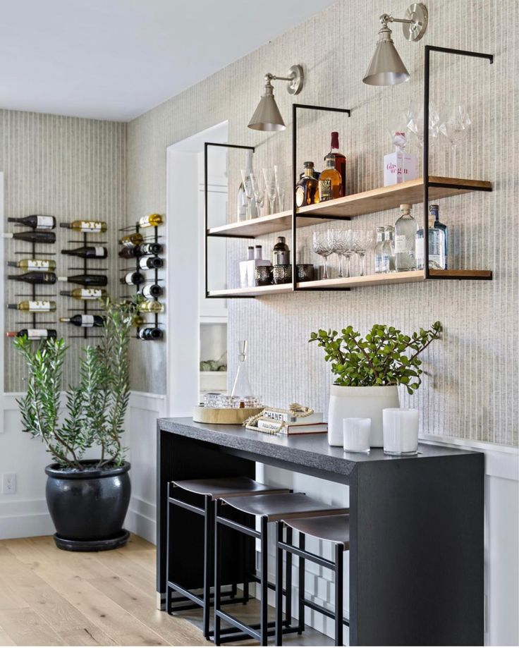 a bar with shelves and bottles on the wall next to a potted plant in front of it