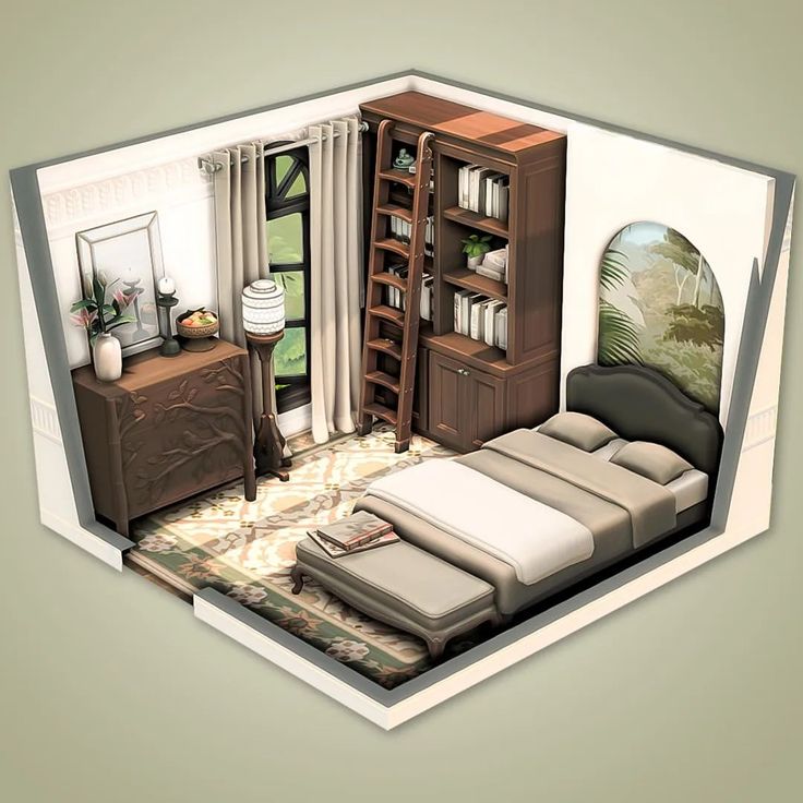 a room with a bed, bookcases and other items on the floor in it